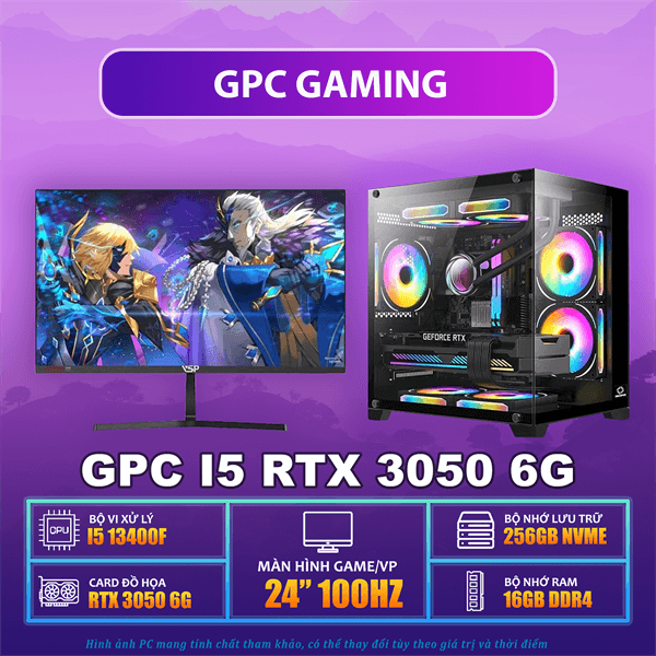 GPC GAMING I5 13400F / RTX 3050 6G / H610M / RAM 16GB / SSD 256GB / PSU 550W / MÀN GAMING 24" 100HZ